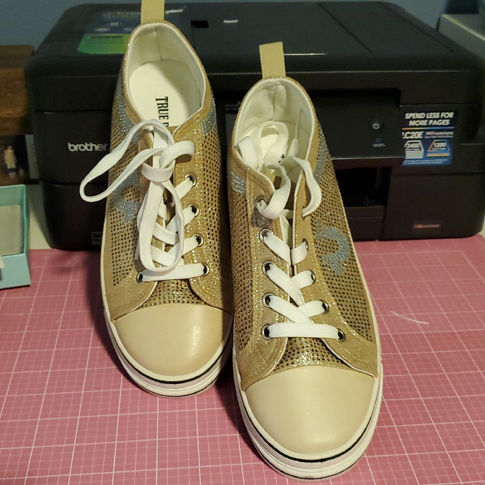 True Religion Women's Gold, Silver & Cream Sneakers.